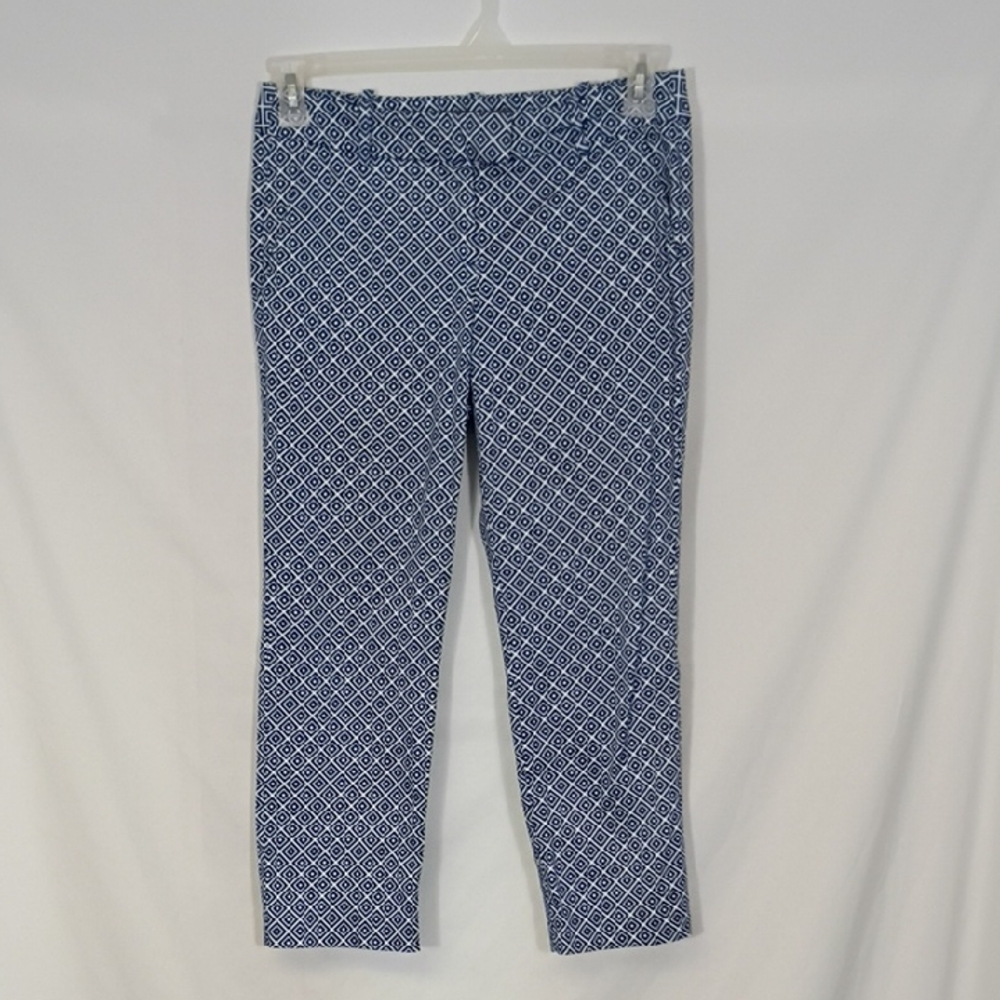 EUC Donna Ricco Blue and White Geometric Slim Pants Womens Sz 4 Business Casual